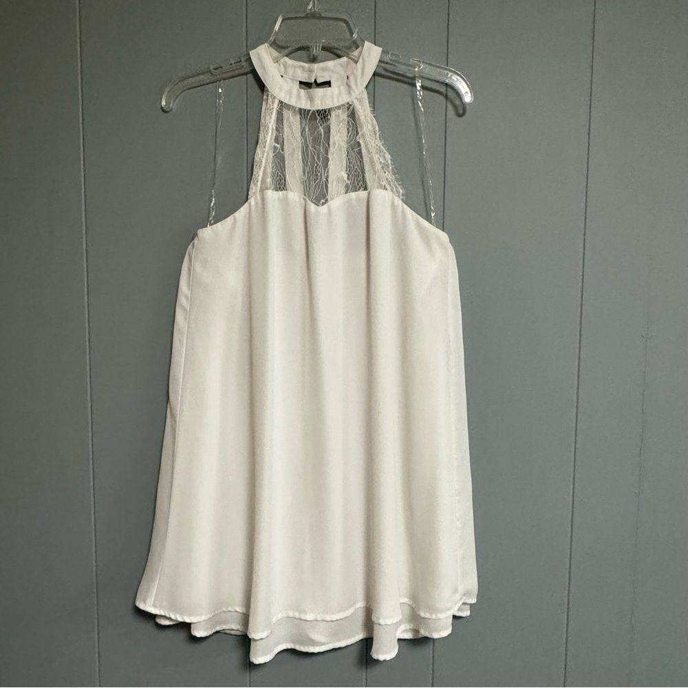 IMPRESSIONS White Layered Mini Dress with Lace and Straps Halter Neckline Size M